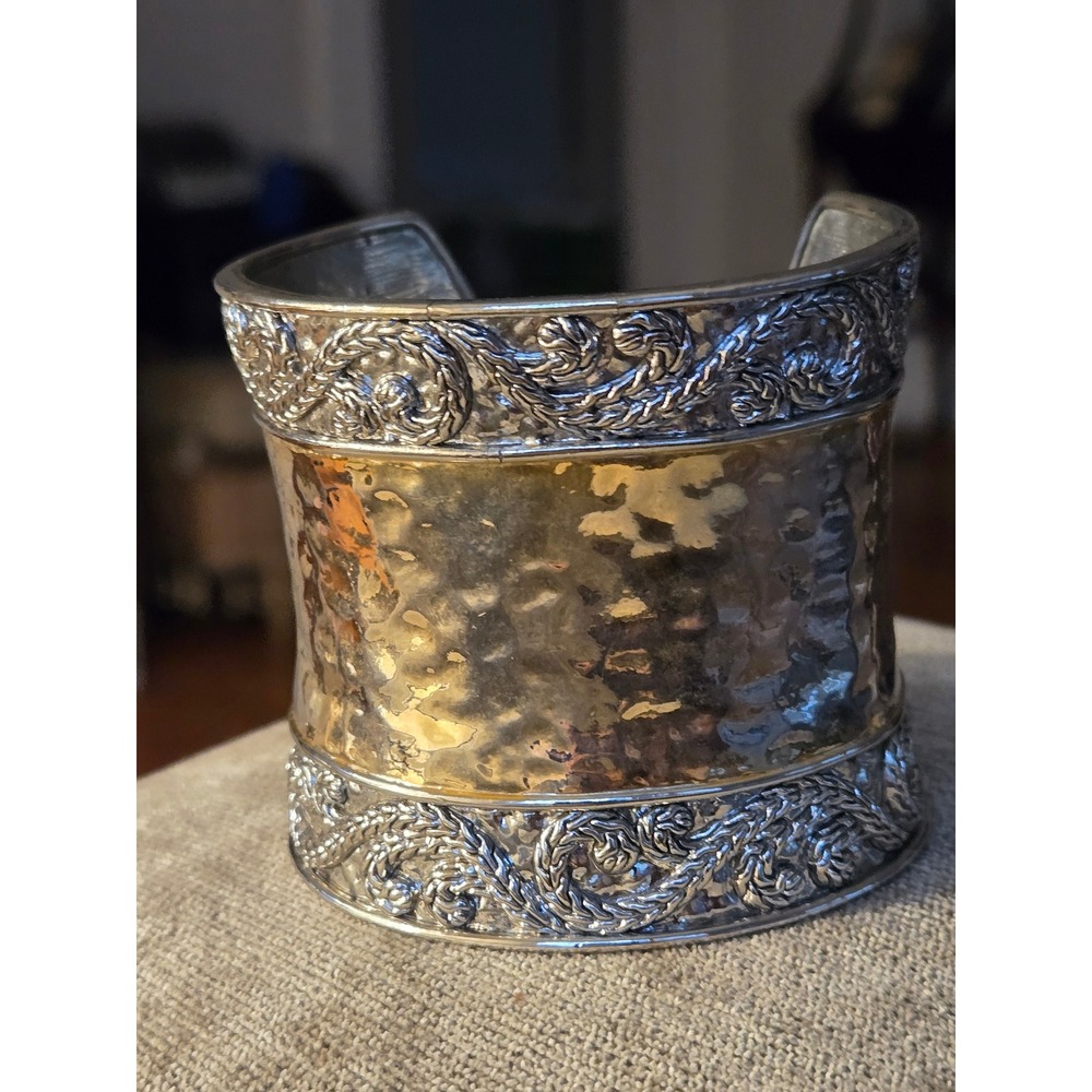 Statement Hammered Two-Tone Wide Cuff Bracelet Vintage